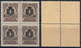 LUOGOTENENZA 1945 QUARTINA C. 40 SU C. 10 RECAPITO AUTORIZZATO - NUOVI MNH ** SASSONE RA5 - Recapito Autorizzato