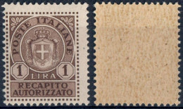 LUOGOTENENZA 1945 L. 1 RECAPITO AUTORIZZATO - NUOVO MNH ** SASSONE RA7 - Recapito Autorizzato