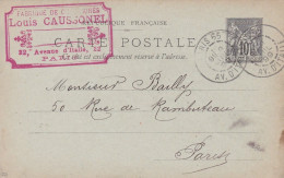 Entier CP-1899- Type Sage 10c Noir  De PARIS 65 (13°)  Pour PARIS..Cachet  8-Juil -1899....LOUIS CAUSSONEL  .chaussures - Cartes Postales Types Et TSC (avant 1995)