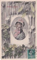 Bonne Année -- 1908 --  Portrait De Fille , Gui , Trèfle à 4 Feuilles - Año Nuevo