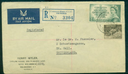 Australia 1953 Registered Airmail Cover To Switzerland, 2/- QEII Coronation - Covers & Documents
