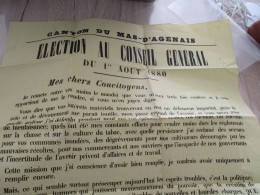 Affiche Originale Politique 1880 Canton Du Mas D'Agenais  élection Conseil Général 42 X 61 Environs - Posters