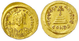 Solidus 578/582. Constantinopel, 5. Off. Brb. V.v./Stufenkreuz. 4,43 G. Fast Stempelglanz, Prachtexemplar. Sear 422. Som - Byzantium