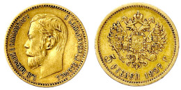 5 Rubel 1897, St. Petersburg. 4,30 G. 900/1000. Besseres Jahr. Sehr Schön/vorzüglich. Bitkin 18. Friedberg 180. - Russland