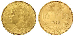 10 Franken Vreneli 1913 B. 3,23 G. 900/1000. Vorzüglich/Stempelglanz. Divo/Tobler 294. Friedberg 504. - Andere & Zonder Classificatie