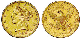 5 Dollars 1893, Philadelphia. Coronet Head. 8,36 G. 900/1000. Fast Vorzüglich, Leichte Fassungsspuren. Krause/Mishler 10 - Sonstige & Ohne Zuordnung