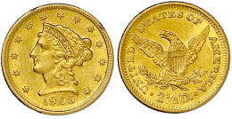 2 1/2 Dollars 1905, Philadelphia. Coronet Head. 4,18 G. 900/1000. Vorzüglich/Stempelglanz, Min. Randfehler. Krause/Mishl - Andere & Zonder Classificatie