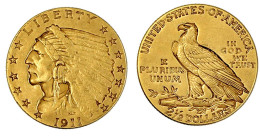 2 1/2 Dollars 1911, Philadelphia. Indian Head. 4,16 G. 900/1000. Vorzüglich. Krause/Mishler 128. - Altri & Non Classificati