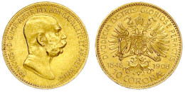 10 Kronen 1908. Regierungsjubiläum. 3,39 G. 900/1000. Vorzüglich/Stempelglanz. Herinek 386. Friedberg 516. - Gold Coins