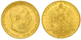 100 Kronen 1915, Offizielle Neuprägung. 33,88 G. 900/1000. Stempelglanz. Herinek 324. - Gold Coins