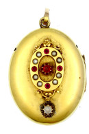 Biedermeier-Medaillonanhänger Gelbgold 585/1000, Besetzt Mit 8 Kl. Perlen, 5 Turmalinen, Einer Etwas Größeren Perle. Auf - Autres & Non Classés