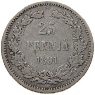 FINLAND 25 PENNIÄ 1891 Alexander III (1881-1894) RARE #s071 0587 - Finland