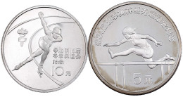 2 Stück: 10 Yuan Silber Zur Olympiade 1984 Eisschnelllauf, In Kapsel. 5 Yuan 1988 Hürdenlauf, In Kapsel. Polierte Platte - Chine