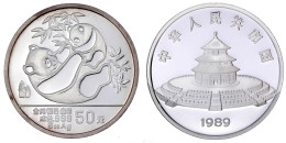 50 Yuan 5 Unzen Silbermünze 1989. Panda, Auf Dem Rücken Liegend, Mit Jungem Auf Dem Bauch. In Holzschatulle Mit Zertifik - China