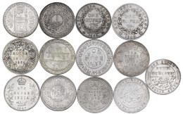 13 Silbermünzen: Rupien Britisch-Indien 1835, 1840, 1862, 1889, 1905, 1917, 1942, Alwar 1882, Bikanir 1892, Hyderabad AH - India