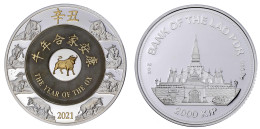 2000 Kip Silber (2 Unzen), Lunar 2021. Jahr Des Ochsen. (Mit Eingelegter Edelsteinplatte Aus Jade), 999er Silber. 62,20  - Laos