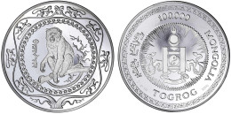 3 Kilogramm Silbermünze Zu 100.000 Togrog 2004. Jahr Des Affen. In Original Holzschatulle (Kapsel Innen Leicht Beschädig - Mongolië