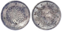 Kyat CS 1214 = 1852 Pfau. Fast Vorzüglich, Schöne Patina. Krause/Mishler 10. - Birmania