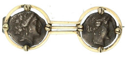 Schmuckbrosche (Silber Vergoldet) Mit 2 Eingefassten Tetrobolen: Kopf Der Nymphe Histiaia R./Nymphe Sitzt Auf Prora R. 4 - Grecques