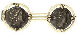Schmuckbrosche (Silber Vergoldet) Mit 2 Eingefassten Tetrobolen: Kopf Der Nymphe Histiaia R./Nymphe Sitzt Auf Prora R. 4 - Griekenland