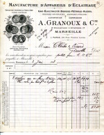FACTURE.MARSEILLE.MANUFACTURE D'APPAREILS D'ECLAIRAGE.A.GRANOUX & Cie.17 BOULEVARD D'ATHENES. - Elektriciteit En Gas