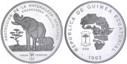 15000 Francos 1992 Bedrohte Tierwelt. Elefanten. 1 Kilo Feinsilber. Polierte Platte. Krause/Mishler 75. - Guinea Ecuatorial