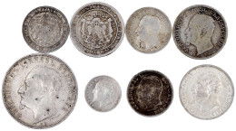 Kl. Typensammlung, 8 Silbermünzen: 50 Stotinki 1912, Lev 1882, 1891, 1913, 2 Leva 1882, 1891, 1913, 5 Leva 1892. Schön/s - Bulgarien