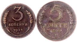2 Münzen: 3 Und 5 Kopeken 1924, Jeweils Rand Glatt. Schön/sehr Schön Und Fast Sehr Schön. Krause/Mishler 78 Und 79. - Russie