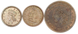 3 Kupfer-Tokens: Hard Times 1837 "Not One Cent For Tribute", Civil-War-Cent-Tokens 1863 "Our Army" Und "Our Navy". Sehr  - Otros & Sin Clasificación