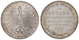 Doppelgulden 1849. Auf Goethes 100-jährige Geburtstagsfeier. Fast Stempelglanz/Erstabschlag, Prachtexemplar, Sehr Selten - Goldmünzen