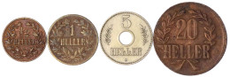 4 Stück: 5 Heller Lochgeld 1913 A, 1/2 Heller 1904 A, Heller 1905 A Und 20 Heller 1916 Kl. Krone (augensch. Kupfer J. 72 - África Oriental Alemana