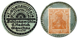 Briefmarkenkapselgeld, Lebensmittel Futtermittel Schlossmühle C. Hedrich... O.J. Papphülle Mit 10 Pf. Germania, MUG Grün - Andere & Zonder Classificatie