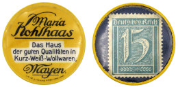 Briefmarkenkapselgeld Maria Kohlhaas, Das Haus Der Guten Qualtäten... O.J. Plastikhülle Mit 15 Pfennig Ziffern, MUG Grau - Andere & Zonder Classificatie