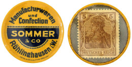 Briefmarkenkapselgeld, Manufacturwaren Und Confektion Sommer & Co... O.J. Plastikhülle Mit 5 Pf. Germania, MUG Dunke - Autres & Non Classés