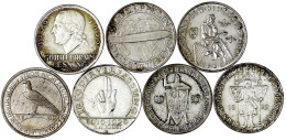 7 Gedenkmünzen Zu 3 RM: Rheinlande A, Lessing A, Meissen, Schwurhand J, Zeppelin A, Vogelweide D, Rheinstrom A. Sehr Sch - Sonstige & Ohne Zuordnung
