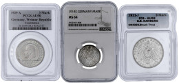 3 Gegradete Silbermünzen: 3 Mark Hamburg 1911 J ICG AU 58, 3 Mark Schwurhand 1929 A PCGS AU 58 Und 1 Mark 1914 E NGC MS  - Andere & Zonder Classificatie