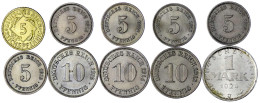 10 Gut Erhaltene Kleinmünzen: 5 Pfg. J. 12 1908 A, 1913 A, D, 1914 A, D, 10 Pfg. J. 13 1912 A, 1914 E, 1915 D, 1 Mark J. - Otros & Sin Clasificación