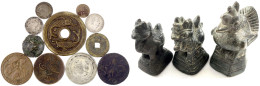 14 Stück: 3 Hantha-Opiumgewichte Aus Burma, China Bronzegussamulett Mit Zwei Fischen, Cashmünze Guang Xu, Neapel Carlino - Other & Unclassified