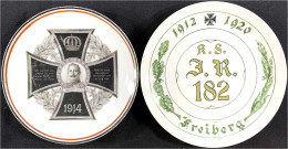 2 Porzellanteller: Bavaria 1914 Mit Eisernem Kreuz Und Büste Wilhelm II. 1914, Freiberg 1920 Infanterie-Regiment 182. Al - Otros & Sin Clasificación