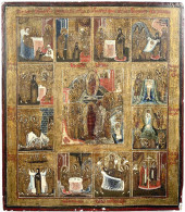 Russisch-orthodoxe Festtags-Ikone Des 19. Jh. Tempera Auf Holz. 12 Bildfelder Um Mittelbild. 44 X 38 Cm. Ein Holzblock A - Sonstige & Ohne Zuordnung