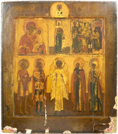 Russisch-orthodoxe Vier-Felder-Ikone Um 1830. Eitempera Auf Holz. Rechteckig, 30,5 X 35 Cm. Darstellung Madonna Mit Kind - Other & Unclassified