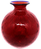 Designer-Vase "Monofiore Balloton" In Rot Mit Blauer Lippe, Am Boden Datiert 1998, Von Venini Murano. Höhe 15 Cm - Glas & Kristall