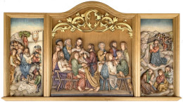 Riesiges Koloriertes Holzrelief: 3 Versch. Szenen Jesu Aus Dem Neuen Testament. 175 Cm X 102 Cm. Kunstwerkstätte Studio  - Art Religieux