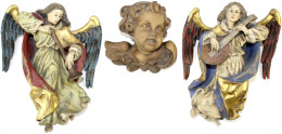 3 Holzfiguren: Paar Engel Mit Fanfare Und Laute, Farbig Gefasst. Gefertigt Von W. Bacher Bei Der Firma Anri In Ortisei,  - Arte Religioso