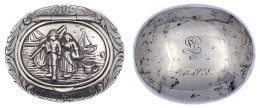 Ovale Pillendose, Silber 830/1000, Um 1900. Graviert 18/12 1908 Und PL-Monogramm. Deckel Geprägte Darstellung Fischerpaa - Argenterie