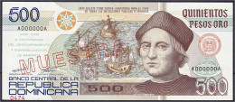 500 Pesos Oro 1992. Roter Überdruck „MUESTRA“. I. Pick 140 S2. - Repubblica Dominicana