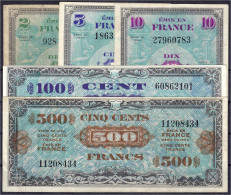 Alliierte Militärbehörde, 5 Scheine Zu 2, 5, 10, 100 U. 500 Francs 1944. II-III. Pick 114, 115, 116, 118a U. 119a. - Andere & Zonder Classificatie