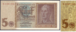 5 Reichsmark 1.8.1942. Mit Kopfstehender Wertzahl Im Wasserzeichen. KN. 11861346, Grabwoski DEU-220 Seite 170 Dieses Exe - Other & Unclassified