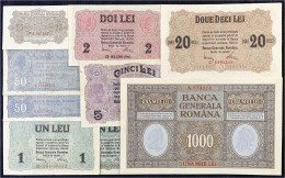 Banca Generala Romana, 9 Scheine Von 25 Bani Bis 1000 Lei O.D. (1917-1920). II+ Bis III. Rosenberg 472, 473, 474, 475, 4 - Sonstige & Ohne Zuordnung