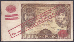 Generalgouvernement Polen, Behelfsausgabe 100 Zlotych 1940. 100 Zlotych 2.6.1932 Mit Rotem Überdruck. III- Bis IV+ Rosen - Andere & Zonder Classificatie